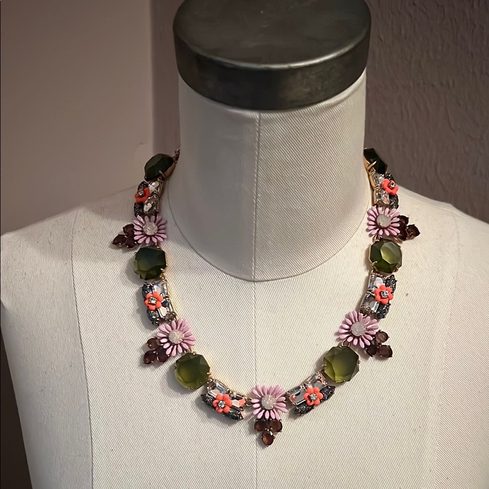 J. Crew Vibrant Green and Purple Necklace with Gemstones and Beads
